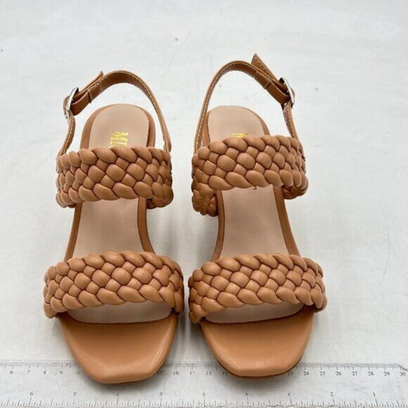 Miss Left Brown Braided Wide Strap Open Toe Slingback Sandal Chunky Heel Shoes - Picture 3 of 8